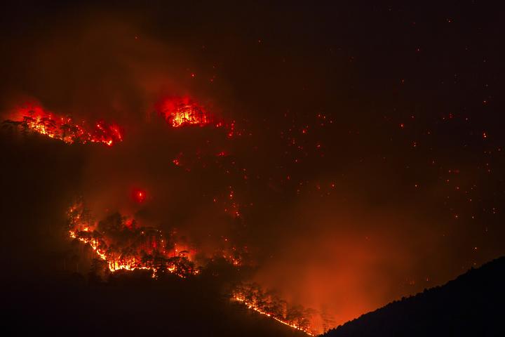 A bushfire burning at night