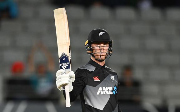 Finn Allen celebrates 50 runs  New Zealand Black Caps v Bangladesh International Twenty20 cricket match. Eden Park, Auckland, New Zealand. Thursday 1 April 2021.