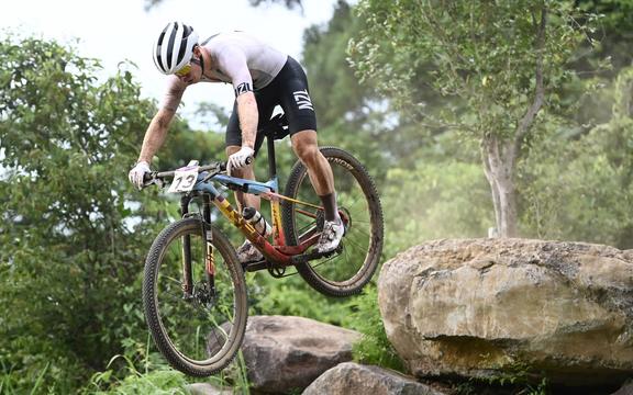 Anton Cooper of New Zealand in action during the men's cross-country race at the Tokyo Olympics.