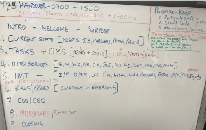 A photo of a whiteboard at Waikato DHB during the cyberattack shows the mission was to keep staff and patients safe while maintaining services.