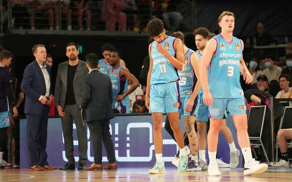 The Breakers look dejected during their heavy defeat to the South East Melbourne Phoenix in their opening round NBL game at John Cain Arena in Melbourne on Saturday 4th December 2021.  