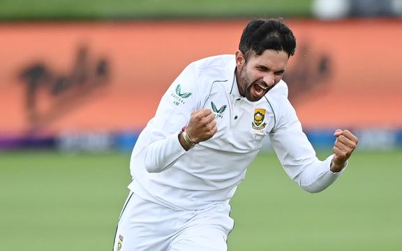 South African spinner Keshav Maharaj celebrates 