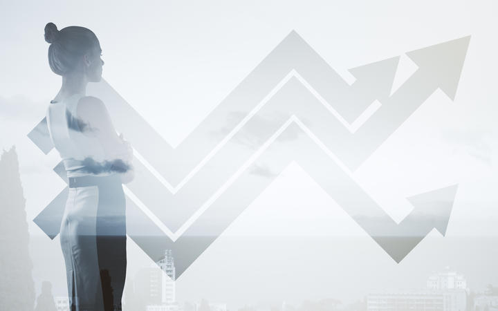 Businesswoman with chart arrows on wall. Financial growth concept