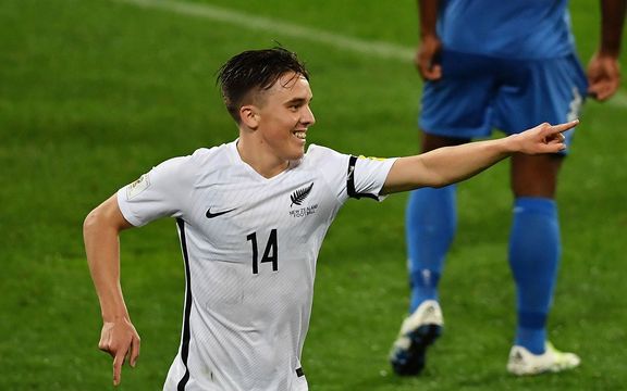 All Whites' Ryan Thomas after scoring his second goal during the New Zealand All Whites v Fiji, FIFA Football World Cup Qualification, OFC Final Group Stage. Westpac Stadium, Wellington, New Zealand. 28 March 2017.