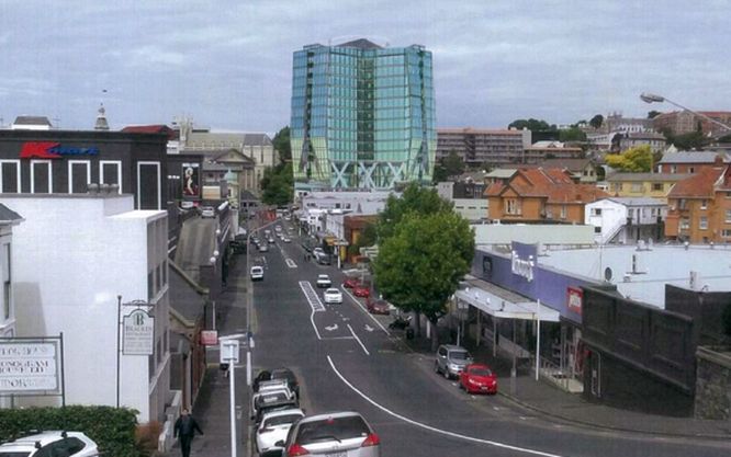 An artist's impressions of the view of the proposed central Dunedin hotel from Filleul St.