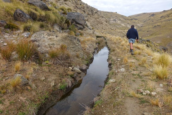 Water channel dug into Otago hillside