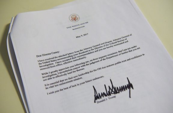 A copy of the termination letter to FBI Director James Comey from US President Donald Trump.