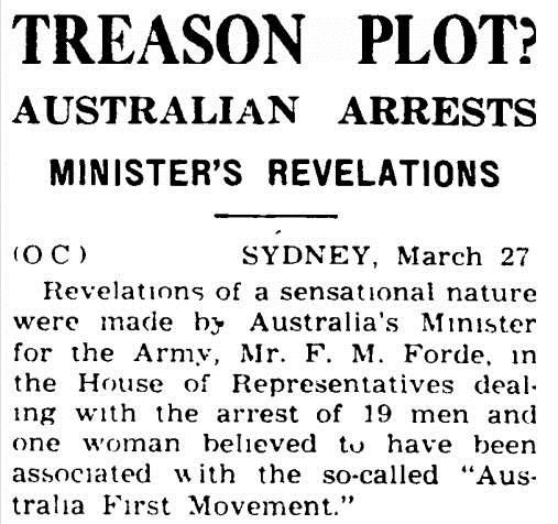 Evening Star headline 1942, reads "Treason Plot? Australian Arrests"