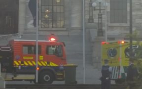 Police and emergency services at the scene outside Parliament where a man reportedly set himself on fire.