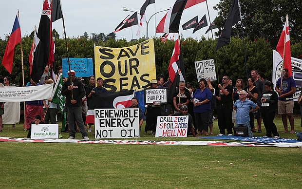 Protesters outside Te Tii Marae at Waitangi.