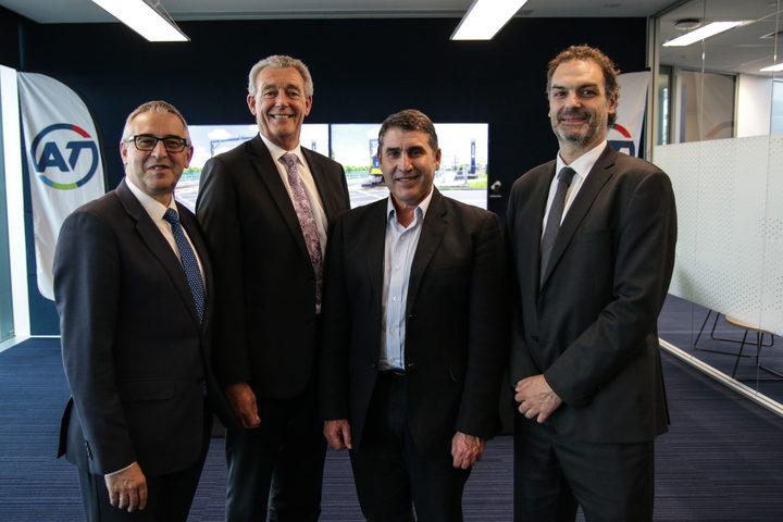 Signing up for Plan B: (from left) Jesus Esnaola of Spanish train maker CAF, Auckland Transport chief executive David Warburton and chairman Lester Levy, and CAF's Inaki Mendizabal