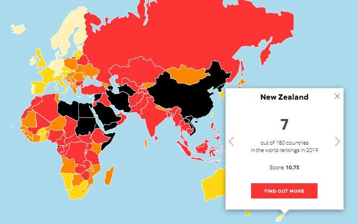 Reporters Without Borders world press freedom index map. The lighter the country, the more free the media.  