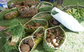 Pacific island food on display in traditional woven baskets