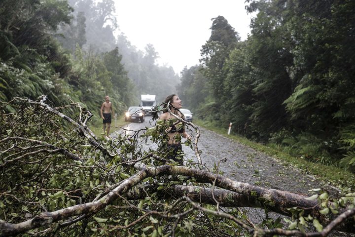 West Coast storm. Tree blocks SH6 south of Hari Hari, around 15 people move the tree from the road.