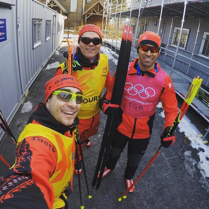 Pita Taufatofua (R) has his first training session in Pyeongchang.