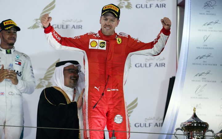 Sebastian Vettel celebrates winning the 2018 Bahrain Grand Prix.