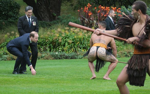 The Duke of Cambridge accepts the challenge during a powhiri.