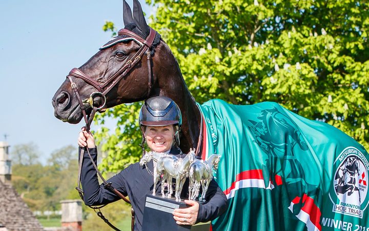 The 2018 Badminton Horse trials winner Jonelle Price and Classic Moet with the Badminton trophy.