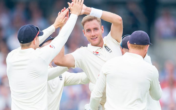 England seam bowler Stuart Broad celebrates a wicket.