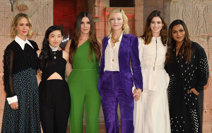 Sarah Paulson, Awkwafina, Sandra Bullock, Cate Blanchett, Anne Hathaway and Mindy Kaling attend the Ocean's 8 worldwide photo call at the Metropolitan Museum of Art in New York City. 