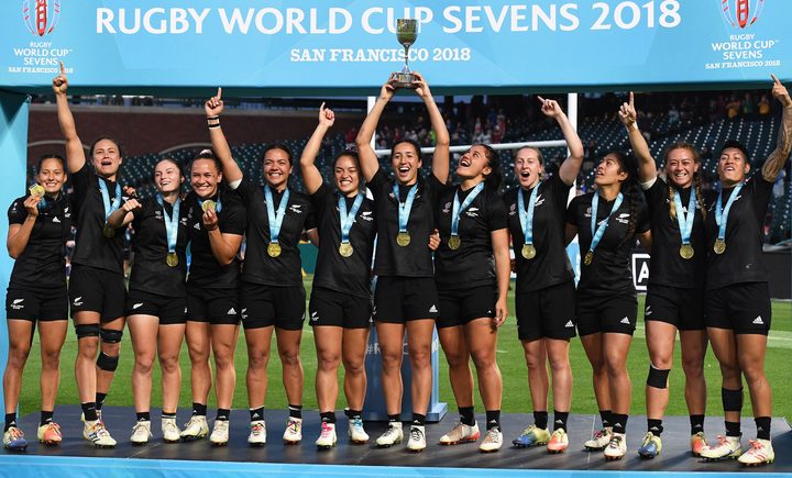 Black Ferns captain Sarah Goss and team mates celebrate winning the Rugby World Cup Sevens at AT&T Park, San Francisco