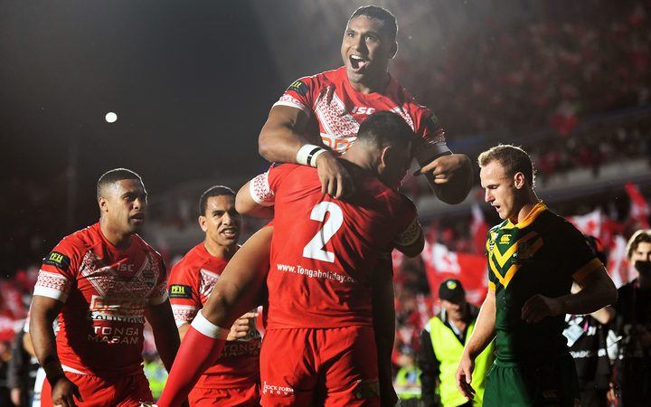 Daniel Tupou scores a try for Tonga,
Tonga v Australia. International Rugby League test match. Mt Smart Stadium, Auckland, New Zealand. 