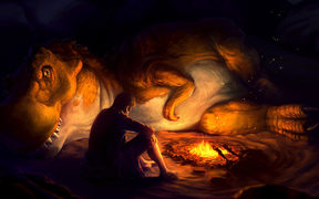 Tyrannosaurus lays beside campfire with human.