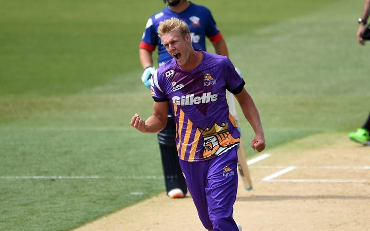 Canterbury Kings Kyle Jamieson celebrates a wicket during the Burger King Super Smash game between Auckland Aces vs Canterbury Kings.