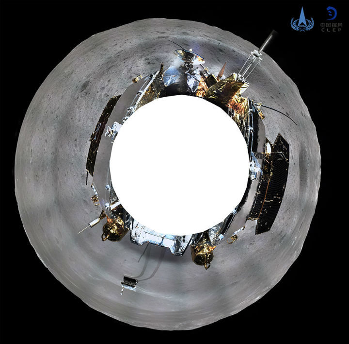 A 360-degree photo shows the grey moonscape, the lander and the rover. Chinese National Space Administration.