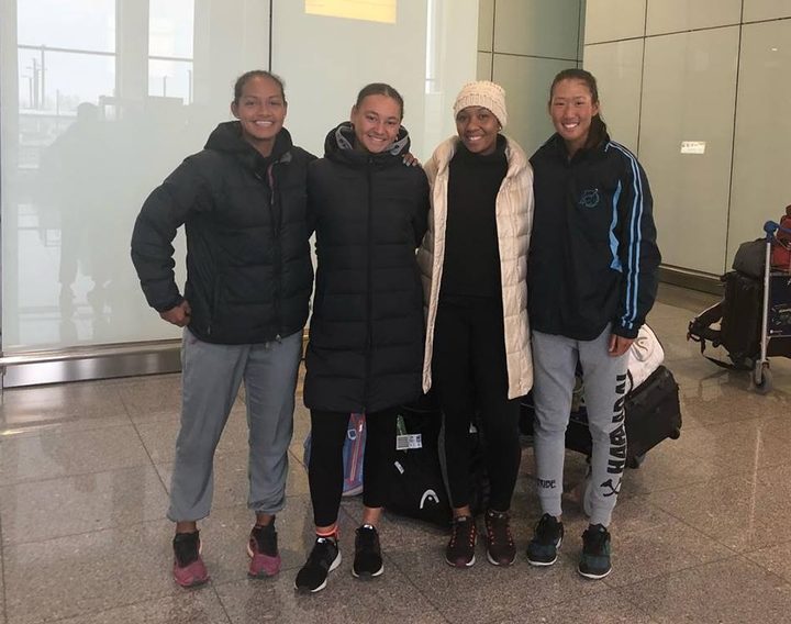 Steffi Carruthers (SAM), Violet Apisah (PNG), Abigail Tere-Apisah (PNG) and Carol Lee (CNMI) arrive in Astana.
