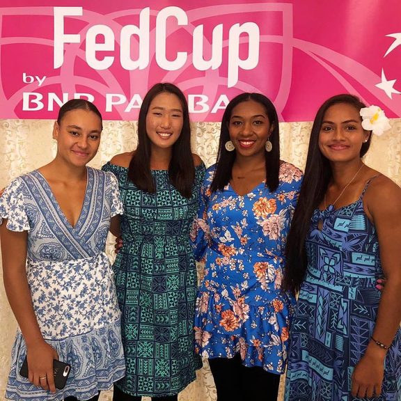 Violet Apisah (PNG), Carol Lee (CNMI), Abigail Tere-Apisah (PNG) and Steffi Carruthers (SAM) at the Fed Cup dinner in Astana, Kazakhstan.