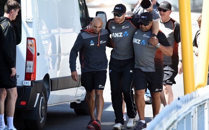 Blackcaps Martin Guptill helped off the field after getting injured during the Training Session.