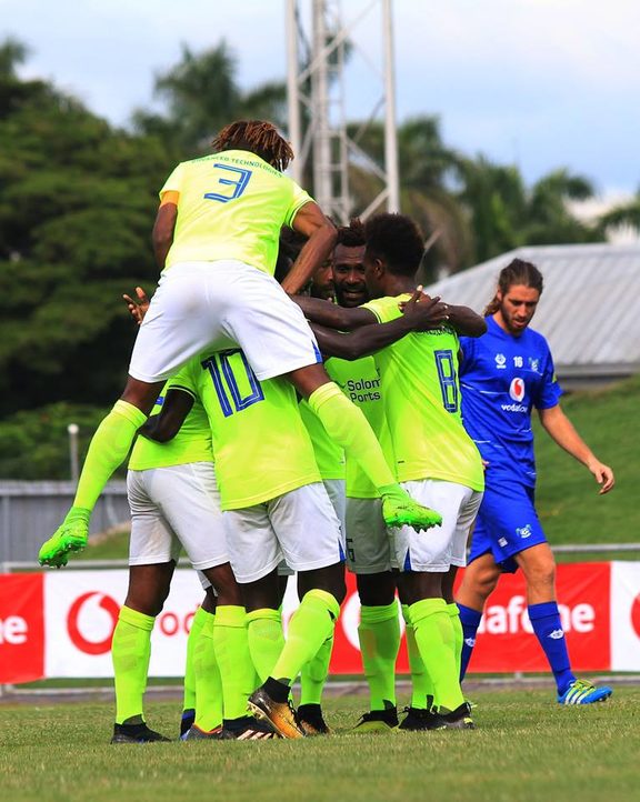 Henderson Eels celebrate a goal during their win over Lautoka FC.