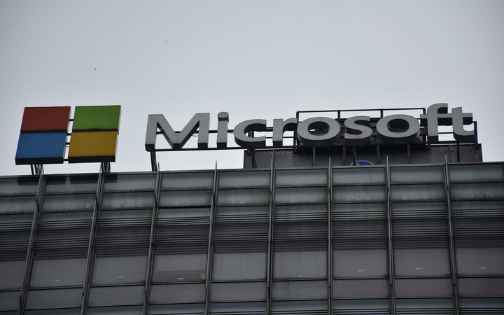 View of a signboard of Microsoft in Beijing, China, 7 August 2018