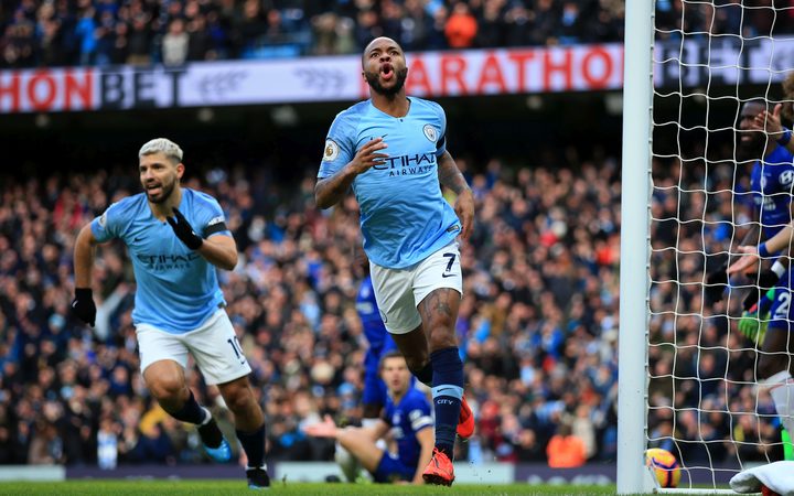 Raheem Sterling of Manchester City celebrates after scoring..