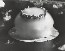 A nuclear explosion from an atomic bomb test, mushroom cloud.