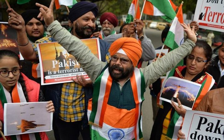 President of the National Akali Dal party Paramjeet Singh Pamma (C) during a demonstration in New Delhi as they celebrate the Indian Air Force strike launched on a Jaish-e-Mohammad camp at Balakot in Pakistan.