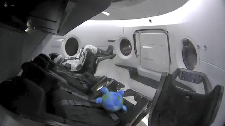 This photo provided by SpaceX shows a life-size test dummy along with a toy that is floating in the Dragon capsule as the capsule made orbit on Saturday, March 2, 2019. 