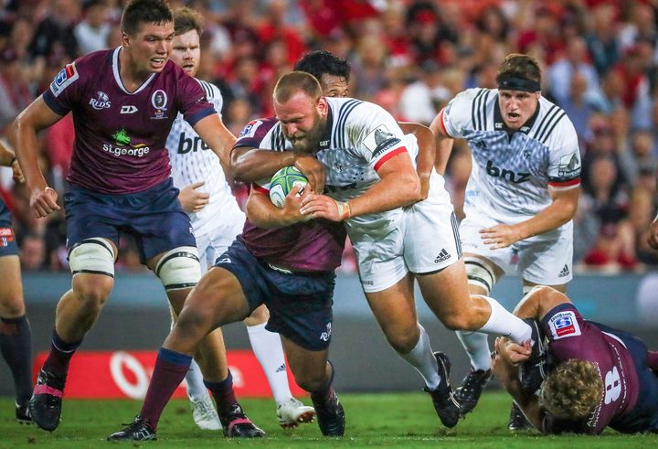 Crusaders Joe Moody on the charge in the Crusaders Super Rugby match against the Reds in Brisbane.