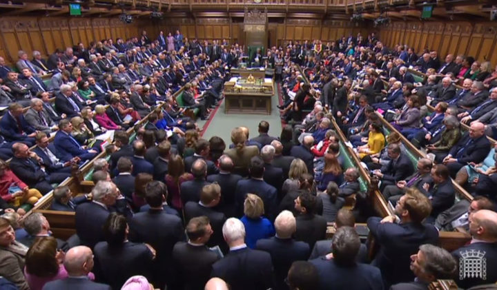 A video grab from footage broadcast by the UK Parliament's Parliamentary Recording Unit (PRU) shows MP's waiting for the result of the second meaningful vote on the government's Brexit deal, in the House of Commons in London on March 12, 2019. 