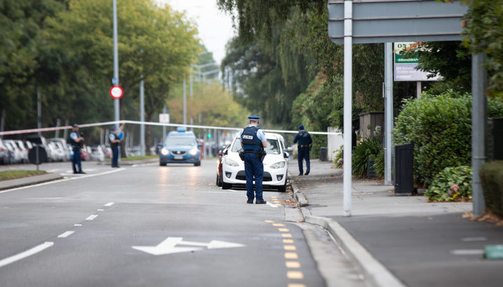 Armed police at a cordon in Christchurch. 