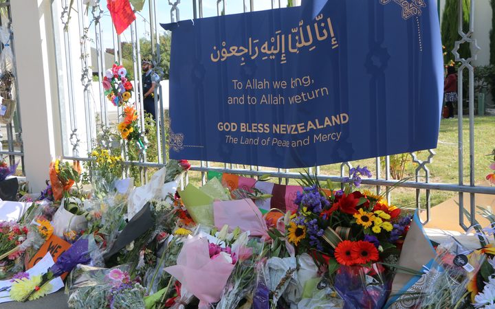 Flowers at the gate of the Al Noor mosque in Christchurch today.