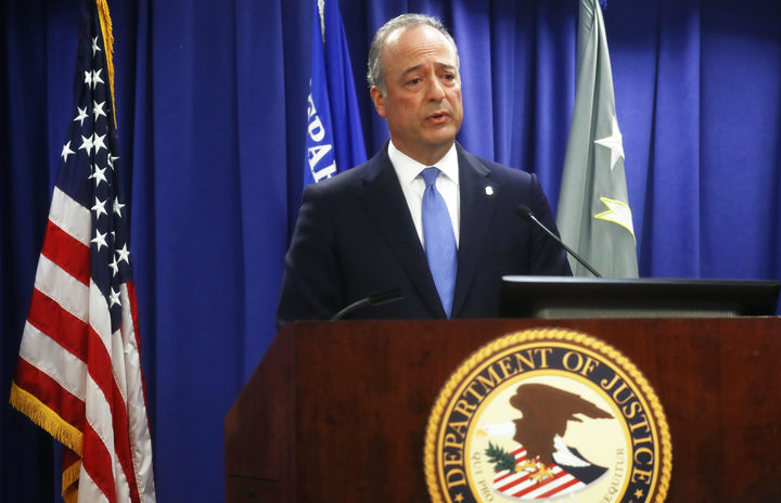 United States Attorney Nick Hanna speaks at a press conference announcing criminal charges against attorney Michael Avenatti on March 25, 2019 in Los Angeles, California. Avenatti was arrested today in New York and faces federal charges of bank fraud and wire fraud in California.