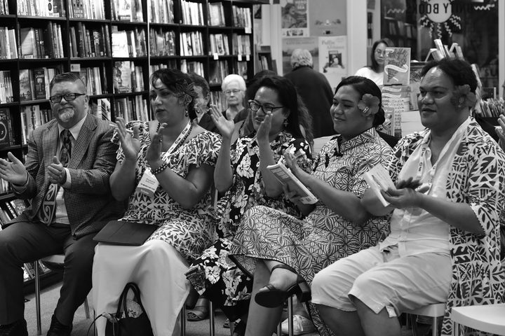 Wellington launch of Samoan Queer Lives (L-R): Richard Takersly, Tiwhanawhana; Phylesha Brown-Acton, F'INE; Yuki Kihara; Mikaela Saelua, SOFIAS, and; Alex Su'a, SFA.
