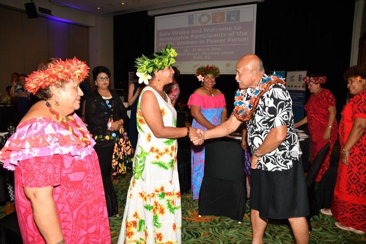 Fiji President Jioje Konrote meets a delegate in Nadi.