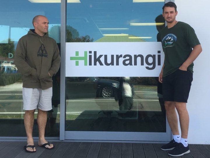 Hikurangi CEO Manu Caddie (left) and CFO Hamish White outside the company’s Gisborne office.