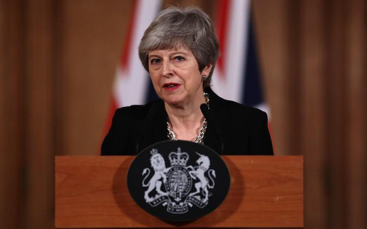 UK Prime Minister Theresa May makes a statement inside 10 Downing Street on April 2, 2019, on her intention to seek a further delay to Brexit.