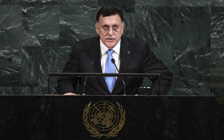 The head of Libya's UN-backed Government of National Accord, Fayez al-Serraj, addresses the 72nd Session of the United Nations General assembly.