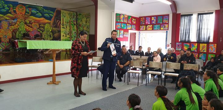 Ikaroa-Rāwhiti MP Meka Whaitiri and police eastern district Māori responsiveness manager Damin Ormsby launch the programme at  Maraenui Bilingual School in Napier.