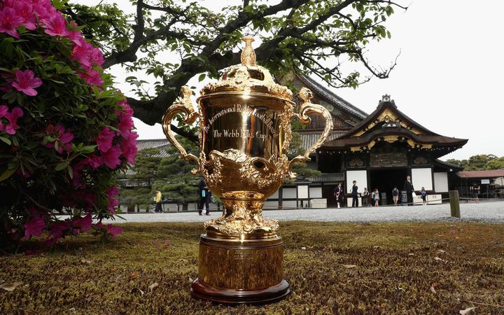 KYOTO, JAPAN - MAY 09:  The Webb Ellis Cup stands at Nijo Castle on the eve of the Rugby World Cup Japan 2019 Pool Draw, on May 9, 2017 in Kyoto, Japan. The Rugby World Cup Japan 2019 draw takes place on May 10, in Kyoto, Japan.  (Photo by Dave Rogers - World Rugby/World Rugby via Getty Images)
